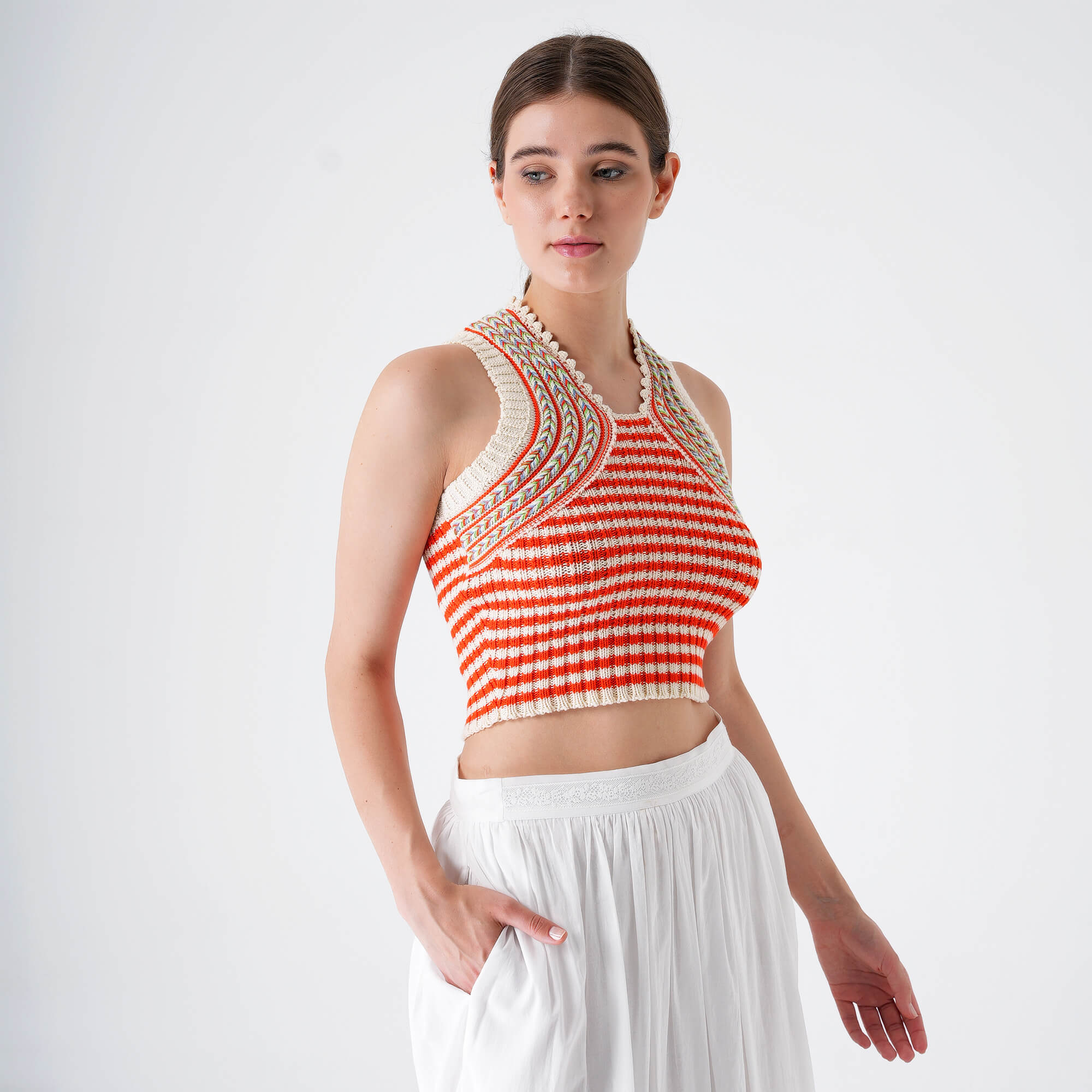 Etro - White&Coral Striped Knitted Zigzag Sleeveless Sweater